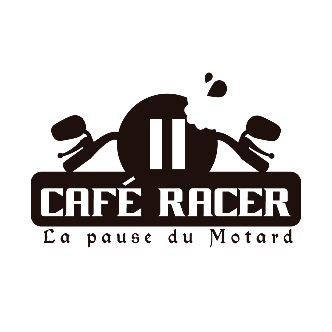 logo  foncé et blanc avec un guidon de moto croqué et une inscription café racer la pause du motard